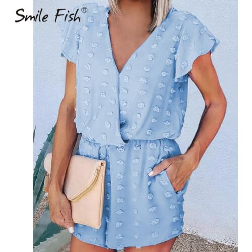 V Neck Casual Summer Romper Sexy Women Jacquard Chiffon Playsuits Sweet Girls Loose Lady Short Sleeve Jumpers 3XL Pockets G2834