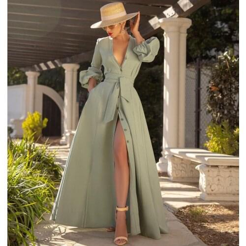 VAZN 2021 Spring Simple High-end Fresh Solid Sexy Free Young Holiday Nature Sweet Full Sleeve Women Shirt Maxi A-Line Dress