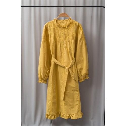 Ruffles Trim Women Yellow Midi Dress 2021 Summer Puff Sleeve Waist Slim Retro All-Match Lace Stitching Long Robes with Sashes