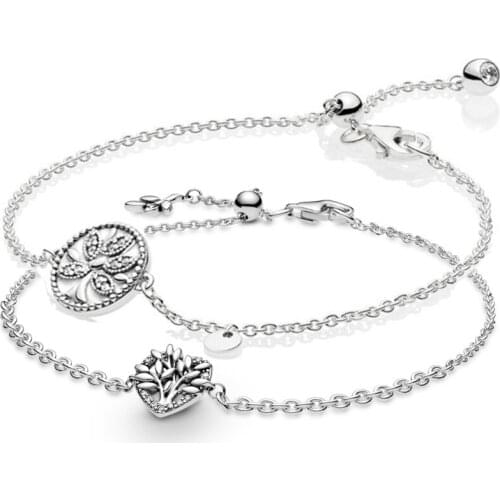 100% 925 Sterling Silver Heart Family Tree Of Life With Crystal Chain Bracelet Fit Pandora Bangle Bead Charm Diy Jewelry
