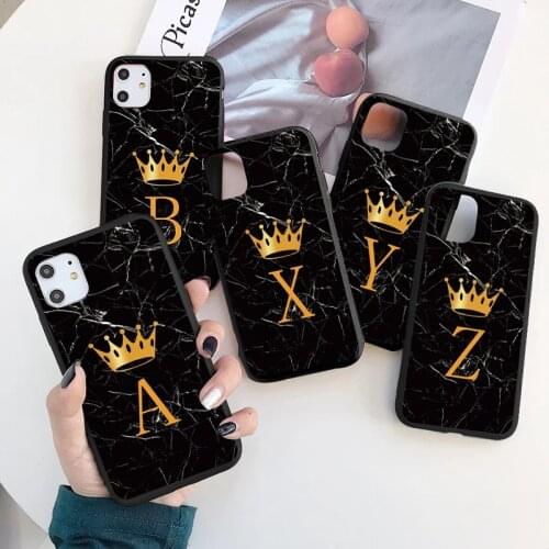 Balck Matte Marble Covers For Samsung Galaxy A52 A51 A50 A21S A12 A10 A31 A70 A71 S10 Plus S20 FE S21 Initial Letters Crown Case