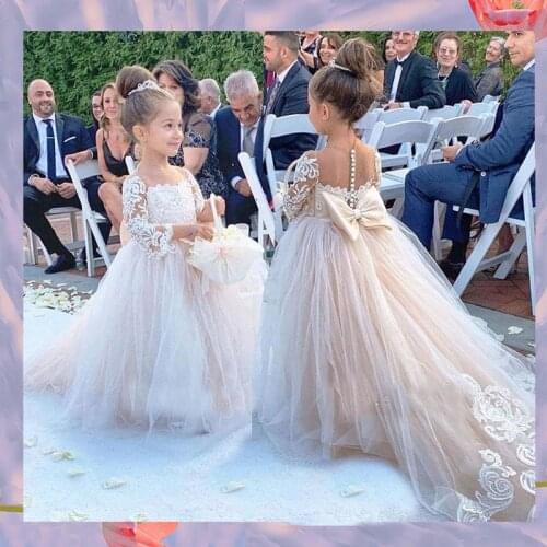 Lovely Lace Flower Girl Dress Bows Childrens First Communion Dress Princess Tulle Ball Gown Wedding Party Dress 2-14 Years