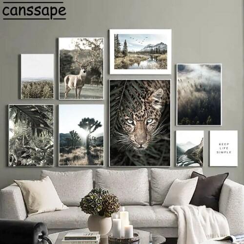 Leopard Deer Canvas Art Print Tropical Plant Wall Art Posters Foggy Forest Landscape Painting Nordic Wall Pictures Home Decor