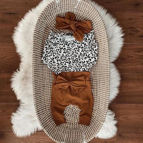 Toddler Newborn Baby Clothes Sets Infant Kids Boys Girls Leopard Print Long Sleeve Rompers Tops+Bowknot Pants Casual Outfits