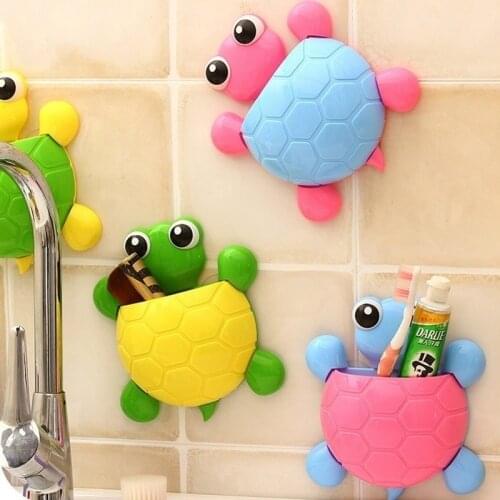 Cute Turtle Sucker Hook Toothbrush Holder No Drilling Wall Mounted Cartoon Tortoise Bathroom Toothpaste Storage Organizer Stand