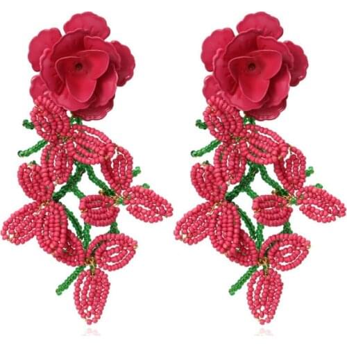 Fashionable and exaggerated European brand Bohemian handmade rice bead large flower pendant pendant earrings women jewelry gifts