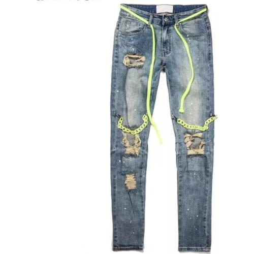 Dark Icon Ripped Chain High Street Jeans with Drop String Men Spandex Denim Pants Trousers
