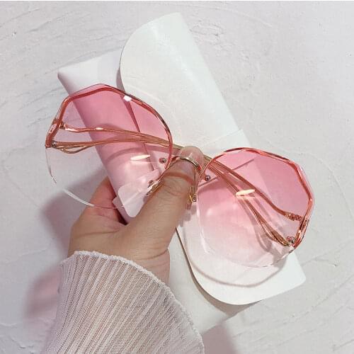 Rimless Round Sunglasses Fashion For Women Flower Trimmed Cutting Luxury Brand Brown Ocean Sun Glasses Female oculos feminino