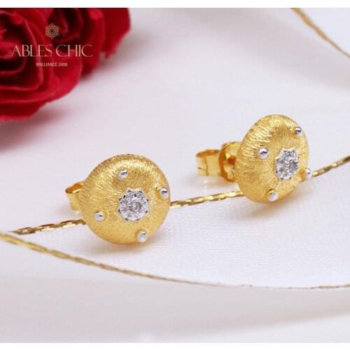 Real Gold Plated Brushed Dome Earrings 925 Sterling Silver Dots Little Flower CZ Stud Earring Renaissance Jewelry C11E4S25269