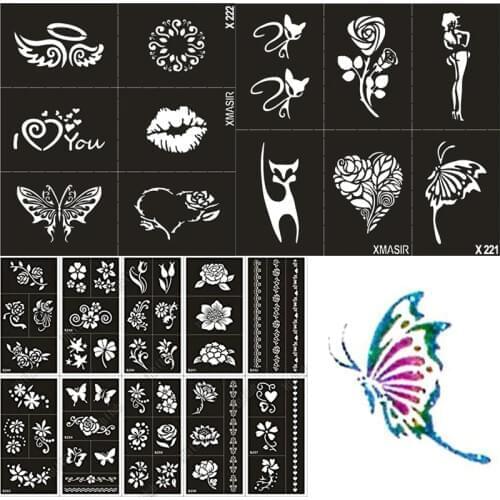 22 Sheet Kids Glitter Tattoo Stencil For Body Painting Women Henna Fand Tattoo Stencils Airbrush Templates Fake Tattoos