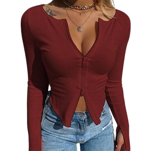 Spring Autumn Zipper Design V Neck T-shirt Sexy Slim Rib Knit Split Fork Long Sleeve Pullover Tops