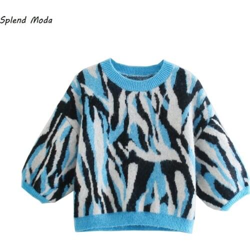 Splend Moda Vintage Zebra Jacquard Sweater Autumn Three Quarter Sleeve Knitted Short Pullover Street Women Casual Fashion