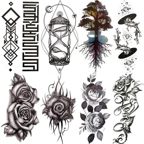 Flower Temporary Tattoo For Women Men Geometric Black Hourglass Fake Tattoos Sticker Square Tree Star Waterproof Tatoo Body Legs