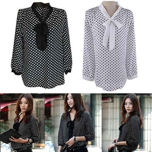 Womens Summer Polka Dot Bowknot Chiffon Shirt Loose Long Sleeve Blouse Top Women Summer Shirt Loose Long Sleeve Blouse Top Top