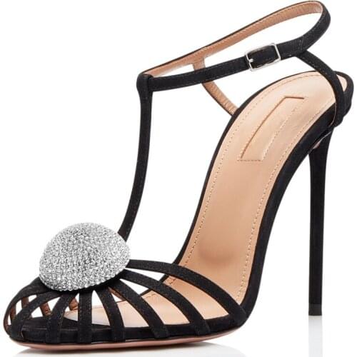 Crystal Rome Sandals T Strap Black Women Dress Shoes Cut Out Ankle Buckle Stiletto High Heel Runway Women Shoes
