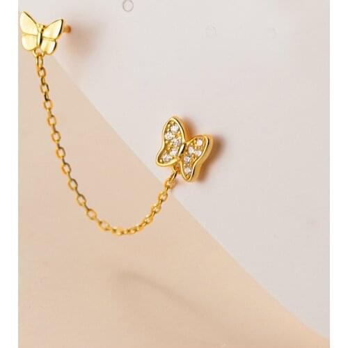 MloveAcc 925 Sterling Silver 2 Butterfly Stud Earrings with Chain Linked for Women Punk Earrings