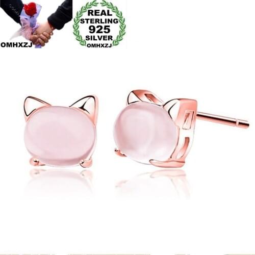 OMHXZJ Wholesale European Fashion Woman Girl Party Wedding Gift Cat Rose Quartz Zircon S925 Sterling Silver Stud Earrings EA171