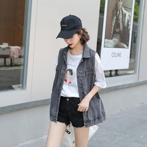 #3154 Korean Style Black Blue Jeans Vest Women Loose Casual Denim Vest Female Lapel Collar Sleeveless Jacket Ladies Waistcoat