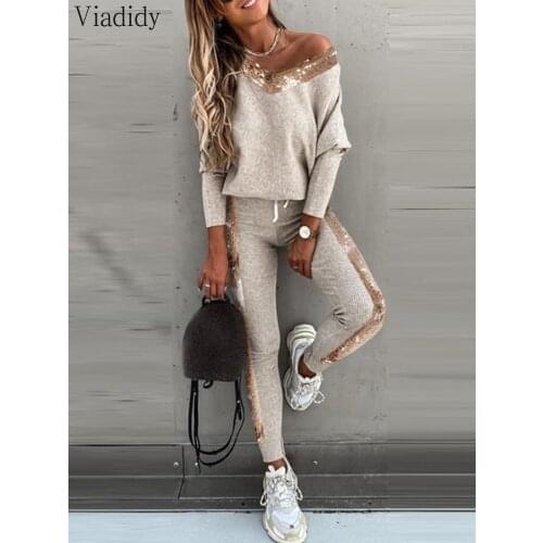 Women Autumn Winter Sequin Patchwork Long Sleeve Top & High Waist Pants Set