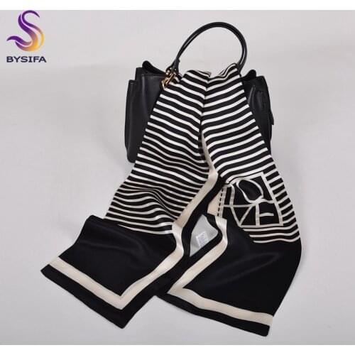 BYSIFA|Black White Silk Ribbons Scarves Fashion Accessories Natural Pure Silk Scarf Spring Autumn Ladies Long Scarves 155*16cm