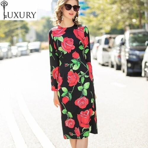 Spring Fashion Bodycon 2020 High Quality Women O-Neck Red Flower Green Leaves Print Long Sleeve Midi Black Basic Dress OL