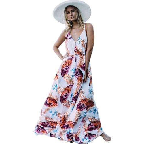 FORERUN Beach Long Dress Spaghetti Strap Bohemian Maxi Dress Summer Women Sleeveless Leaf Print V-neck Loose Holiday Dresses