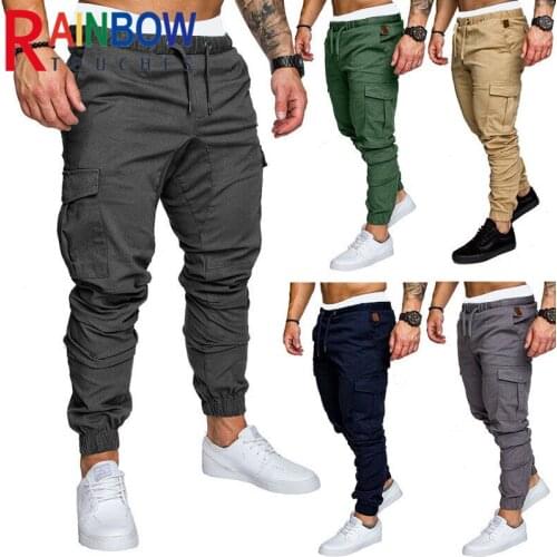 Rainbowtouches Gym Men Casual Pencil Pants Slim Multiple Pockets Solid Color Fitness Cargo Pants 100% Cotton Superior Quality