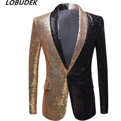 Mens Splicing Sequin Blazer Gold Black Slim Fit One Button Coat Bar Banquet Evening Party Male Singer Host Paillete Suit Jacket