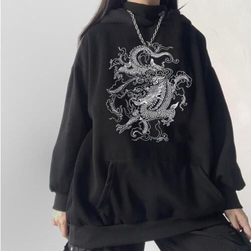 Dragon Element Print Dropshipping Harajuku Retro zwarte hoodie Top Oversized Street Lady kleding trui kleding met lange mouwen
