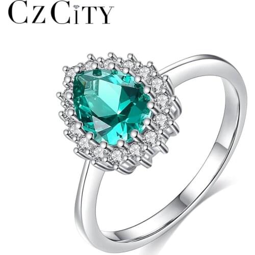CZCITY Teardrop-Shaped Ring Green CZ Stone Pure 925 Sterling Silver Finger Rings Jewelry for Women Wedding Dating Gifts SR-521