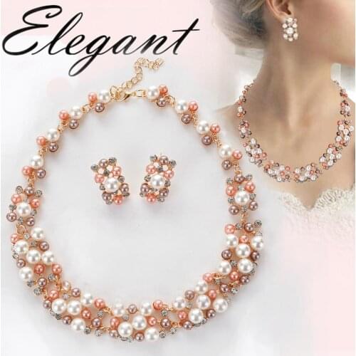 2Pcs Women Necklace Earrings Set Fashion Faux Pearl Rhinestone Inlaid Necklace Earrings Jewelry Set Womans accesories