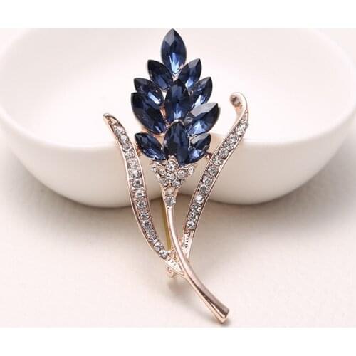 LUBOV Blue Crystal Stone Wheat spike Rhinestone Flower Design Metal Brooch Pin Fashion Scarf Pin Women Accessories
