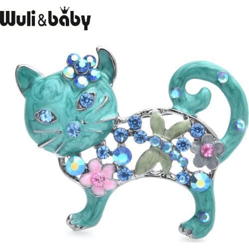 Wuli&baby Lovely Enamel Cat Brooches Women Metal Rhinestone Flower Animal Casual Brooch Pins Gifts