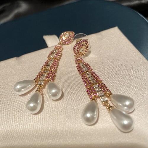 Fashion red zircon white pearl long tassel dangling earring for women
