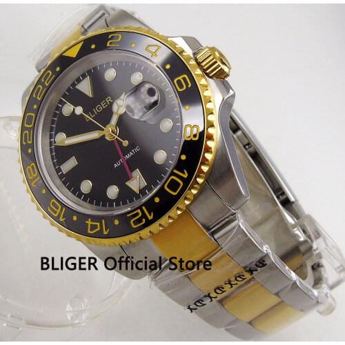Sapphire Crystal 40MM BLIGER Black Dial Ceramic Bezel Golden Plated Case GMT Function Luminous Automatic Movement Mens Watch