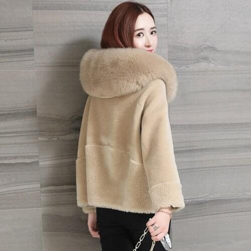 2020 New Real Fur Coat Women Fox Fur Hooded Korean Autumn Winter Sheep Shearing Wool Jacket Overcoat Manteau Femme KJ5566