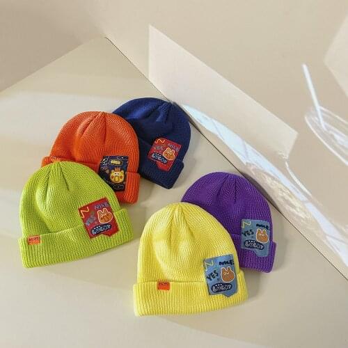 New Winter Children Hats Candy Color Baby Kids Beanies Fashion Large Cloth Label Wool Cap For Boy Girl 2 3 4 5 6 7 8 Years