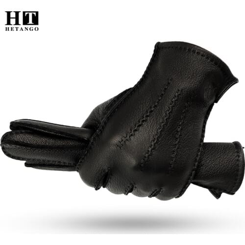 New winter mens leather gloves hand-stitched deerskin warm wear-resistant black wave pattern Cold proof mittens 70% wool lining