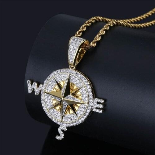 Hip Hop Copper Nautical Compass Pendant Pave Cubic Zircon Circle Charm Necklaces For Men Women Long Chain Rock Jewelry