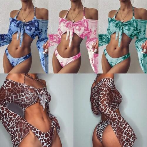 Wholesale New Womens Split Swimming Wear tie-dye swimsuit sexy long-sleeved three-piece leopard-print bikini Set