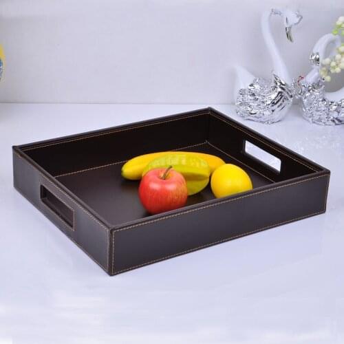 37.5x30cm rectangle brown leather serving tray trays bandeja tableware food fruit storage tray with cut-out handle 292B