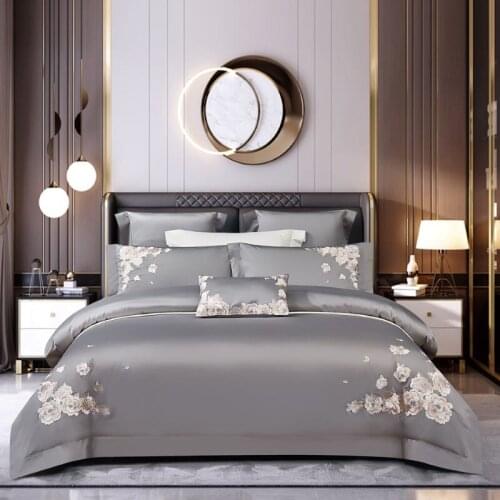 Luxury grey flowers embroidery cotton Bedding Set Duvet Cover Bed Linen Fitted Sheet Pillowcases Home textiles King Queen Size