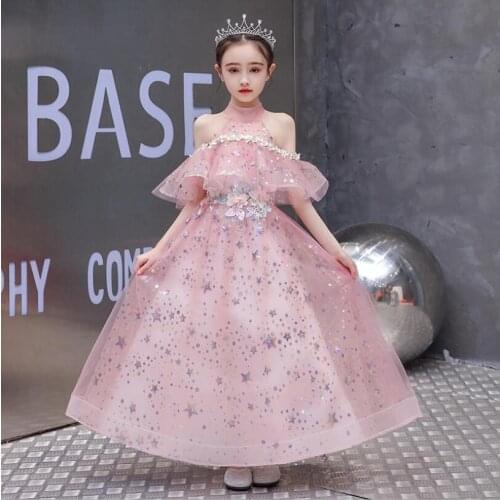 Pink Lace Flower Vintage Embroidery Girls Dress Sequin Tulle Ceremony Clothing Tutu Party Princess Dress Kids Wedding Vestidos