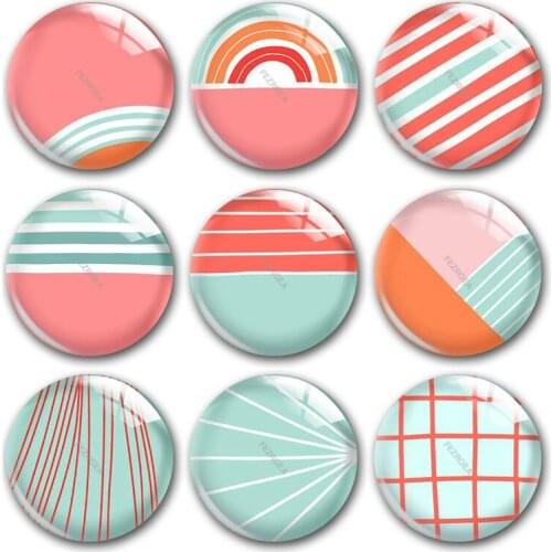 Handmade Rose Red Sky Blue Geometric Pattern Round Photo Glass Cabochons Demo Flat Back DIY Jewelry Making Findings Accessory