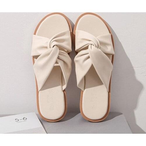 2020 Brand Flip Flops Ladies Shoes Summer Bow Sandalias Mujer Cross Band Flat Sandals Women Solid Leather Slippers Femme Sandals