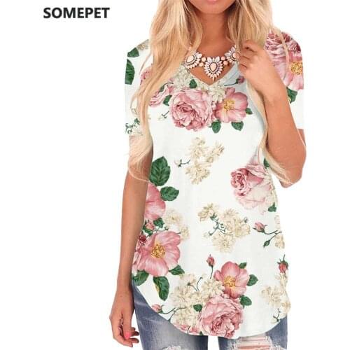 SOMEPET Beautiful T Shirt Women Colorful Funny T shirts Flowers V-neck Tshirt Leaf Shirt Print Womens Clothing Summer Cool