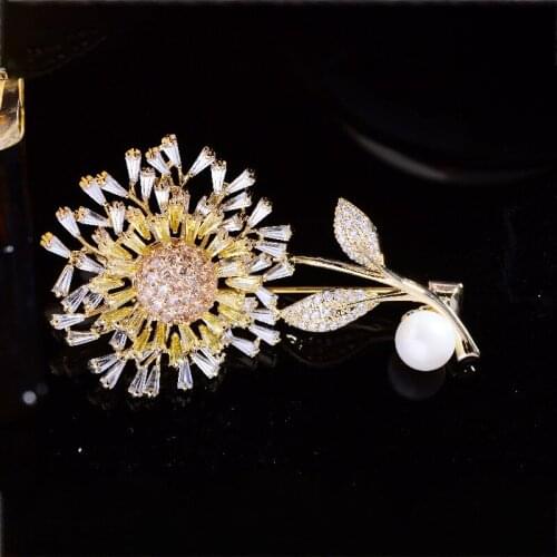 Fashion Dandelion Pearl Women Brooches Creative Elegant Plant Zircon Brooch Coat Corsage Accessories Wedding Jewelry Broche Pin