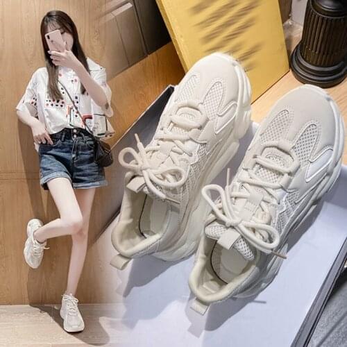 Womens Sports Shoes, Breathable Mesh, Increased Thick-soled Lace-up Shoes