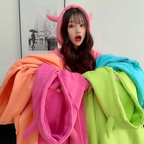 2021 Spring Devil Horn Hooded Sweatshirt Women Plus Velvet Warm Loose Harajuku Hoodies Best Friends Match Cute Pullover Tops