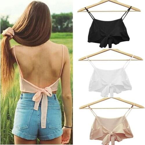 2018 New Fashion Women Ladies Sexy Strap Crop Tops Camis Summer Backless Strappy Solid Tees
